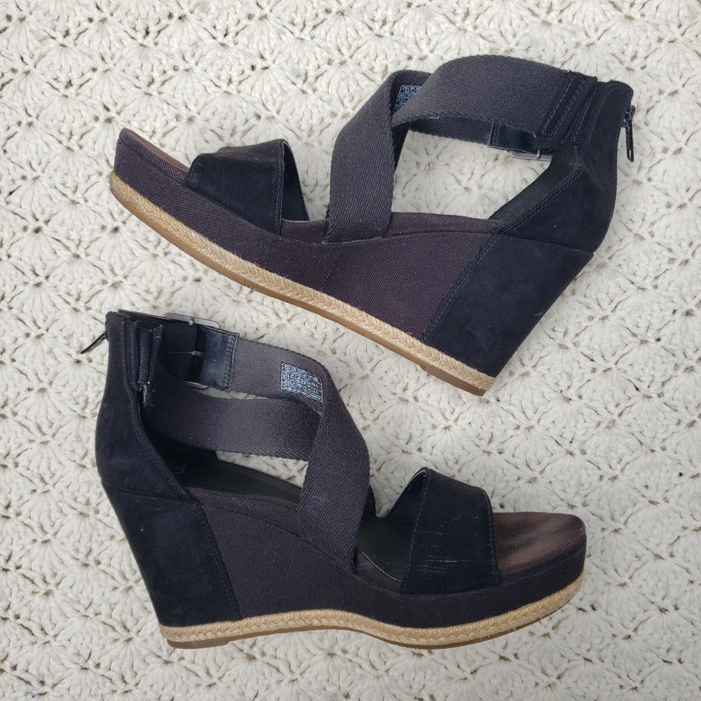 Ugg Calla Womens Black Suede Espadrille Wedge Heeled Sandal